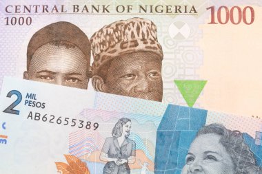 Nijerya 'dan mavi, mor ve yeşil bin nairalık bir banknotun makro görüntüsü Kolombiya' dan gelen mavi iki bin banknotla eşleşti. Makro çekimde yakın çekim.