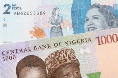 Nijerya 'dan mavi, mor ve yeşil bin nairalık bir banknotun makro görüntüsü Kolombiya' dan gelen mavi iki bin banknotla eşleşti. Makro çekimde yakın çekim.