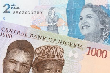 Nijerya 'dan mavi, mor ve yeşil bin nairalık bir banknotun makro görüntüsü Kolombiya' dan gelen mavi iki bin banknotla eşleşti. Makro çekimde yakın çekim.