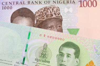 Nijerya 'dan gelen mavi, mor ve yeşil 1000 nairalık bir banknotun makro görüntüsü Tayland' dan gelen 20 bahtlık yeşil bir banknotla eşleştirildi. Makro çekimde yakın çekim.