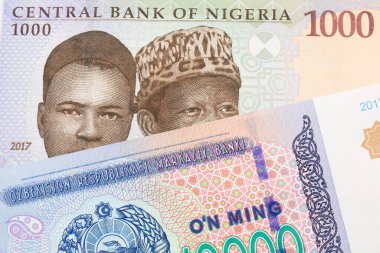 Nijerya 'dan gelen mavi, mor ve yeşil 1000 nairalık bir makro resim, Özbekistan' dan gelen mavi, beyaz ve yeşil bir 10 bin som banknotla eşleştirildi. Makro çekimde yakın çekim.