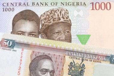 Nijerya 'dan gelen mavi, mor ve yeşil 1000 nairalık bir banknotun makro görüntüsü Kenya' dan gelen 50 şilinlik bir banknotla eşleştirildi. Makro çekimde yakın çekim.