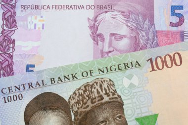 Nijerya 'dan gelen mavi, mor ve yeşil 1000 nairalık bir banknotun makro görüntüsü Brezilya' dan gelen pembe ve mor beş banknotla eşleştirildi. Makro çekimde yakın çekim.