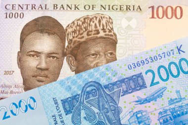 Nijerya 'dan gelen mavi, mor ve yeşil bin nairalık bir banknotun makro görüntüsü mavi, iki bin Batı Afrika frangı banknotuyla eşleştirildi. Makro çekimde yakın çekim.