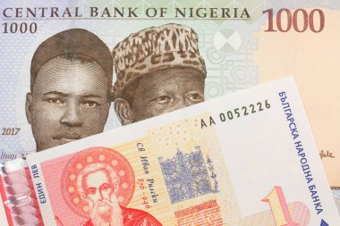 Nijerya 'dan gelen mavi, mor ve yeşil bin nairalık bir banknotun makro görüntüsü, Bulgaristan' dan gelen kırmızı ve beyaz bir lev banknotuyla eşleştirildi. Makro çekimde yakın çekim.