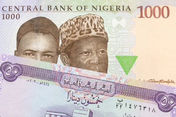 나이지리아 발행되는 푸른색 보라색 초록색 000 니이라 모양의 지폐와 이라크에서 — 스톡 사진