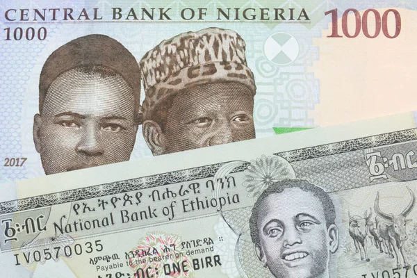 Makroobraz Niebieskiego Fioletowego Zielonego Banknotu Tysiąca Naira Nigerii Połączony Szarym — Zdjęcie stockowe