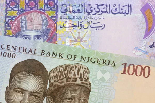 Makroobraz Niebieskiego Fioletowego Zielonego Banknotu Tysiąca Naira Nigerii Połączony Barwną — Zdjęcie stockowe