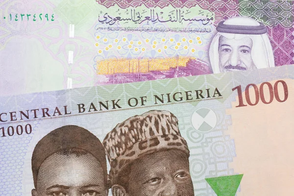 나이지리아 발행되는 푸른색 보라색 초록색 000 나이르 지폐의 사우디아라비아 이루고 — 스톡 사진