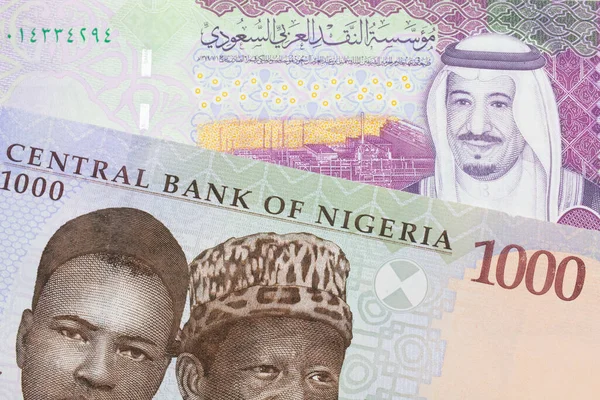 Nijerya Dan Mavi Mor Yeşil Bin Nairalık Bir Banknotun Makro — Stok fotoğraf
