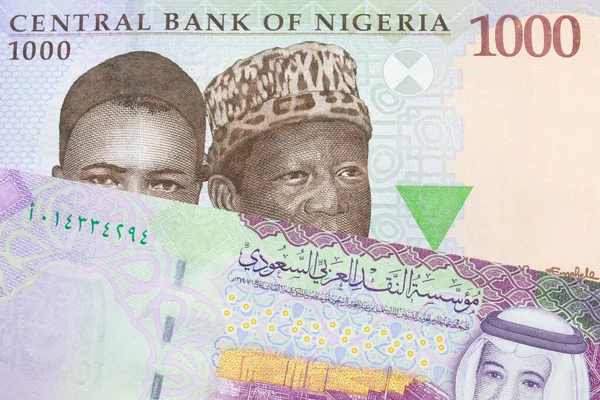 Makroobraz Niebieskiego Fioletowego Zielonego Banknotu Nominale Tysiąca Naira Nigerii Połączony — Zdjęcie stockowe