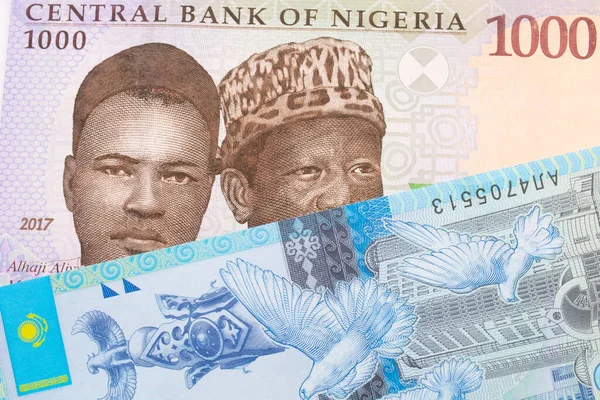 나이지리아에서 발행되는 푸른색 보라색 초록색의 000 나이르 지폐의 매크로 이미지와 — 스톡 사진