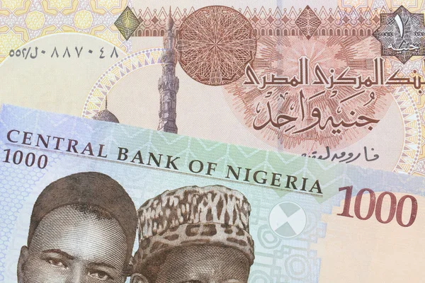 ナイジェリアの青 緑の1 000ナイラ紙幣とエジプトの1ポンド紙幣のマクロなイメージ マクロでショットを閉じる — ストック写真