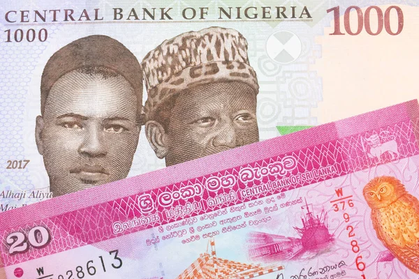 ナイジェリアの青 緑の1 000ナイラ紙幣とスリランカのピンクと白の20ルピー紙幣のマクロ画像 マクロでショットを閉じる — ストック写真