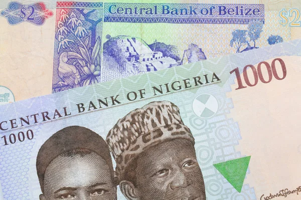 나이지리아 발행되는 푸른색 보라색 초록색 000 니이라 모양의 지폐와 벨리즈 — 스톡 사진