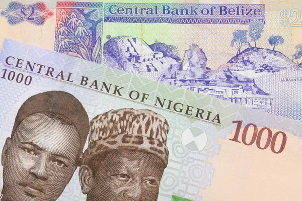 나이지리아 발행되는 푸른색 보라색 초록색 000 니이라 모양의 지폐와 벨리즈 — 스톡 사진