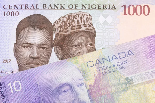 ナイジェリアの青 緑の1000ナイラのノートのマクロ画像は カナダからの紫色の10ドル札と対になります マクロでショットを閉じる — ストック写真