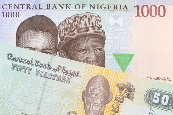 stock image A macro image of a blue, purple and green one thousand  naira note from Nigeria paired up with a green and yellow fifty piastre note from Egypt.  Shot close up in macro.