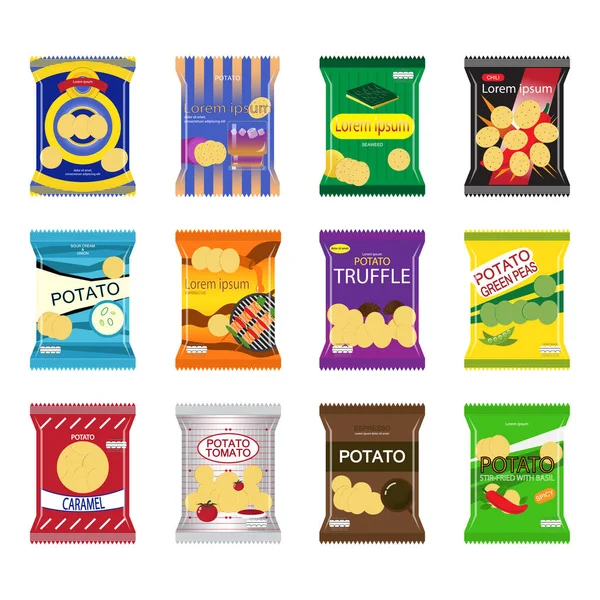 Set Packaging Bag Various Flavors Snacks White Background — Stock Vector