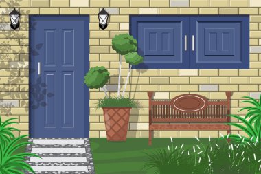 Sarı tuğlalı arka planda mavi kapısı ve penceresi olan ön bahçe..