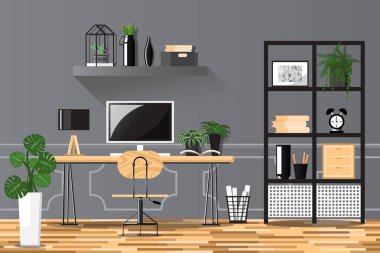 Modern tarzda ofis, çalışma masası ve bilgisayar modern tarzda saksı bitkileriyle dekore edilmiş..
