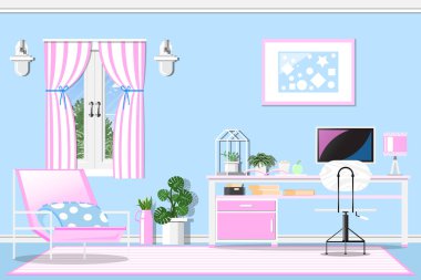 Modern tarzda ofis, çalışma masası ve bilgisayar modern tarzda saksı bitkileriyle dekore edilmiş..