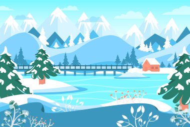 Buzlu kış manzarası ve dağ arka planında göl kenarındaki ev..