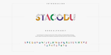 Modern soyut dijital alfabe yazı tipi. Minimum teknoloji tipografisi, yaratıcı şehir sporları moda fütüristik yazı tipi ve rakamlar. vektör illüstrasyonu