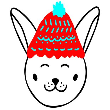 Kırmızı Noel Baba şapkalı sevimli tavşan kafası, karalama tarzında yeni yılın el çizimi sembolü, çocuk tekstili, oda dekorasyonu, poster, çıkartma, logo, bebek moda tasarımı..