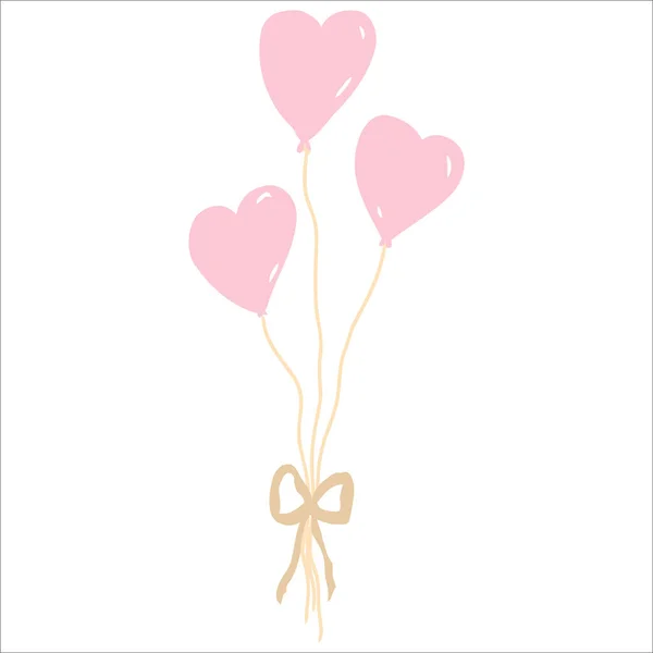 Balon Kształcie Serca Połączony Złotą Wstążką Trzy Różowe Balony Walentynki — Wektor stockowy