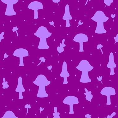 Seamless hand drawn pattern with abstract mushrooms silhouette,leaves and flower.creative autumn texture for fabric,wrapping,textile,cover and interior design,very peri mushrooms on purple background