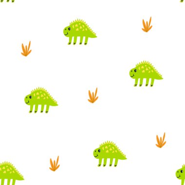 Cute seamless pattern with dinosaur and abstract design elements.prehistoric illustration for kids fashion,textile,cloth,dino character and tropical leaves in doodle style on white background.