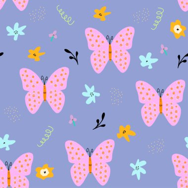Soyut çiçekleri ve kelebekleri olan kusursuz desenler. Duvar kağıdı için çocukça baskılar, çocuk kumaşı, bebek odası iç mimarisi, karalama tarzında pastel bebek duşu illüstrasyonu, mor arka plan..