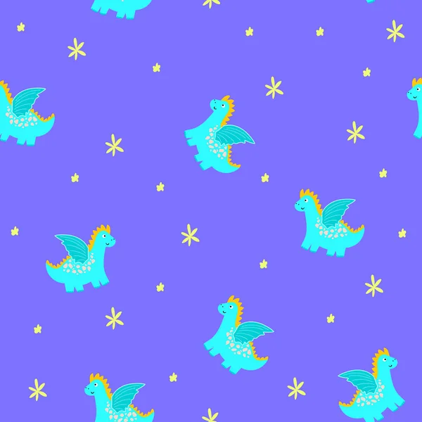 蓝龙小孩无缝图案 手绘蓝龙图案 带翅膀 用于小孩纺织 涂鸦矢量卡通人物平面设计服装 — 图库矢量图片#