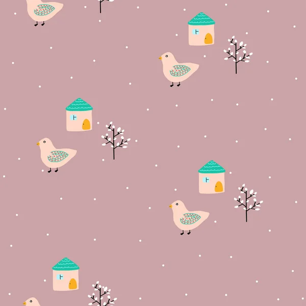 Bird House Tree Seamless Pattern Drawn Garden Print Pastel Background — Stock Vector