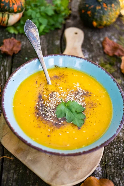 Pumpkin Soup Wooden Table Autumn Dish — Stock Photo, Image