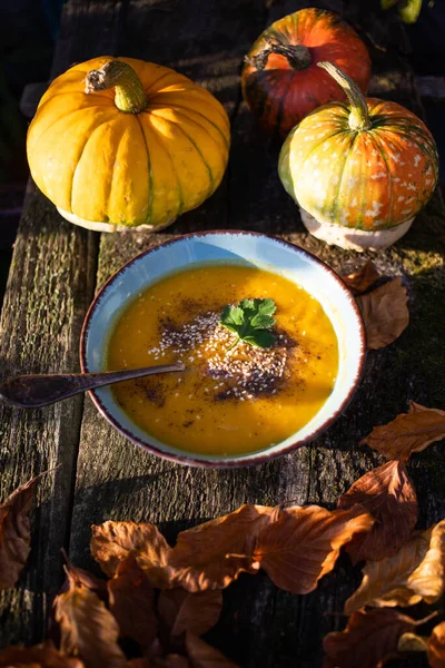 Pumpkin Soup Wooden Table Autumn Dish — Stock Photo, Image