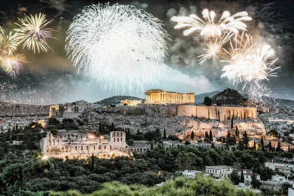 Feuerwerk Über Athen Der Akropolis Und Dem Parthenon Attika Griechenland — Stockfoto