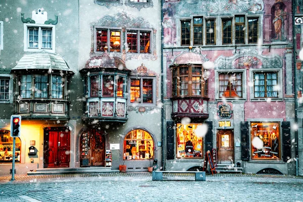 Śnieg Malowniczej Szwajcarskiej Miejscowości Stein Rhein Nocy — Zdjęcie stockowe