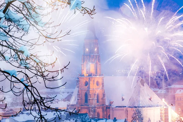 Fuegos Artificiales Durante Las Celebraciones Año Nuevo Cluj Napoca —  Fotos de Stock