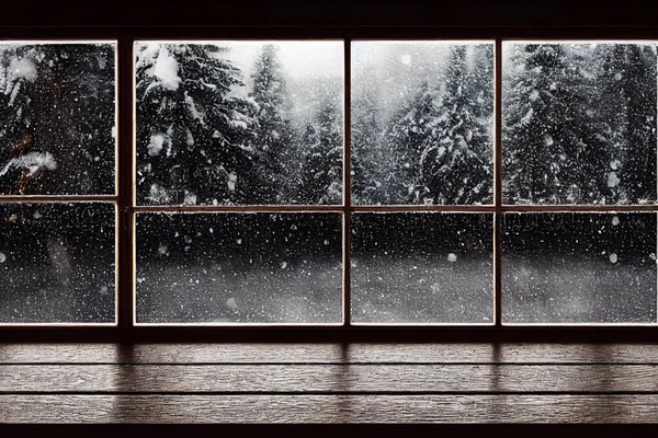 frozen snowy winter scene through window