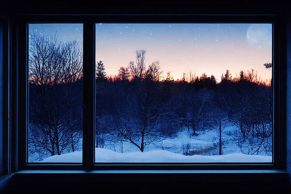 frozen snowy winter scene through window