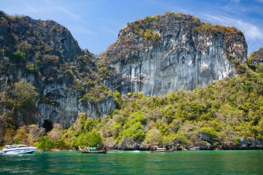 Tayland 'da uzun kuyruklu tekneleri olan güzel bir tropik plaj.