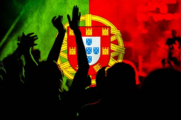 football fans supporting Portugal - crowd celebrating in stadium with raised hands against Portugal flag