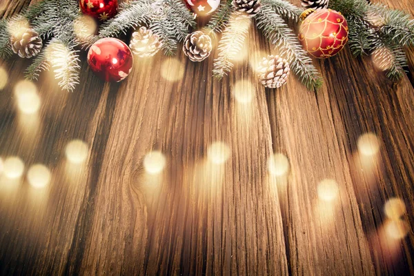 Decorações Natal Luzes Mesa Madeira — Fotografia de Stock
