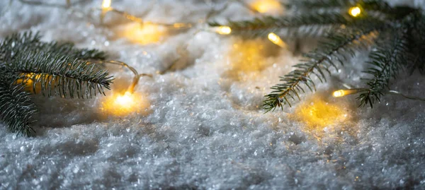 Christmas String Lights Snow — Stock Photo, Image