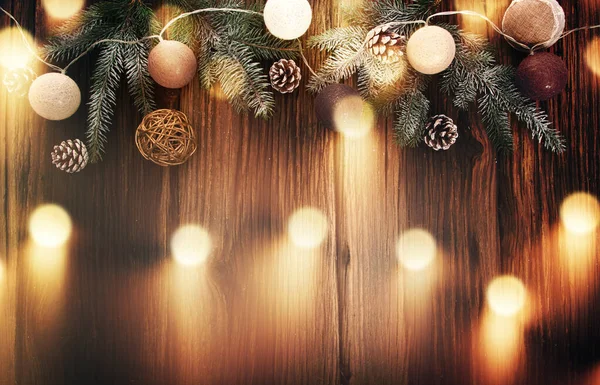 Decorações Natal Luzes Mesa Madeira — Fotografia de Stock