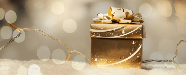 Zlatý Dárkový Box Vánoční Osvětlení — Stock fotografie