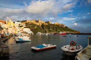 beautiful italian island procida famous for its colorful marina, tiny narrow streets and many beaches clipart