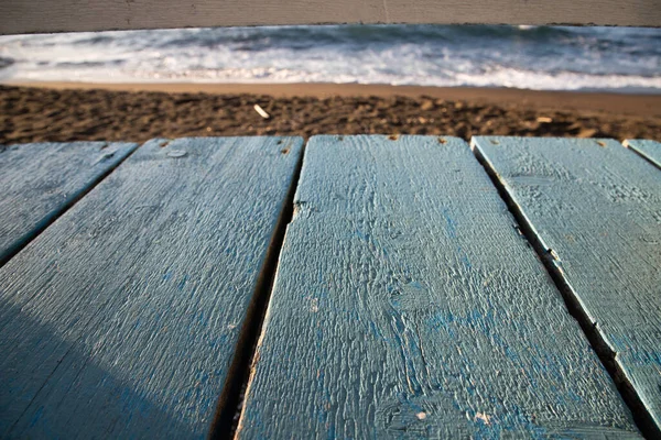 Pusty Drewniany Stół Morze Tle — Zdjęcie stockowe